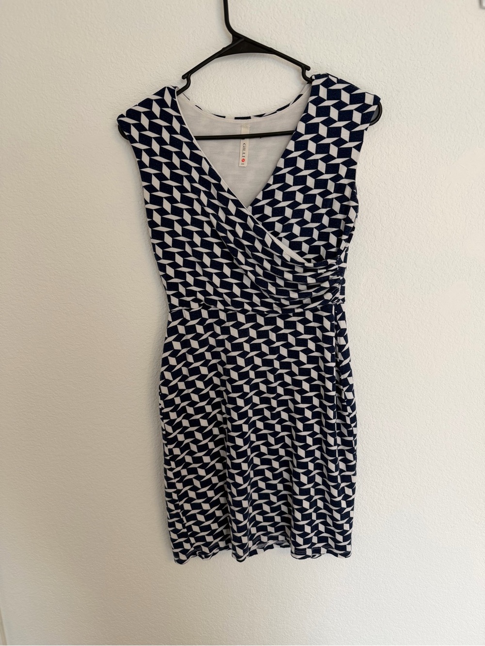 G.I.L.I. Navy and White Geometric Wrap-Front Midi Dress